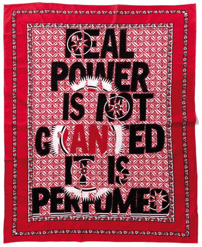 Lawrence Lemaoana (b.1982) Real Power is not granted it is performed, 2017 Khanga textile and cotton embroidery, 155x115 cm, court. Afronova