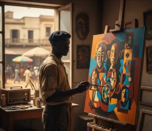 Ein afrikanischer Maler bei der Arbeit an einer modernen Leinwand, die den Aufstieg der Kunstschulen von Dakar und Poto-Poto in den 1950er Jahren symbolisiert.