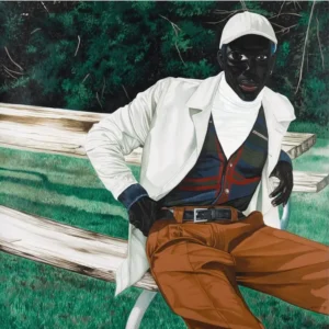 A contemporary painting by Sesse Elangwe titled A Man Alone, featuring a stylized figure sitting on a wooden bench against a lush green background.