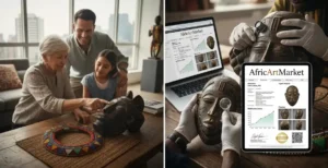 A family of collectors examining a traditional African mask. On the right, an AfricArtMarket expert performs a technical analysis, showing a digital certificate of authenticity and market value data on a tablet.