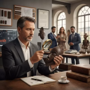 Expert en art africain analysant minutieusement les détails d'un masque traditionnel en bois à l'aide d'une loupe dans un bureau d'expertise, illustrant le processus d'authentification et d'estimation.