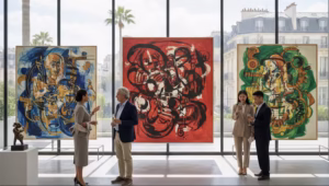 Groupe de collectionneurs et passionnés d'art lors d'un vernissage d'art contemporain à Alger, analyse du marché par Africartmarket.