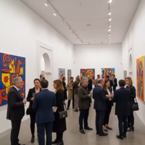 An art gallery exhibition featuring modern Algerian abstract paintings with visitors discussing the artworks. Professional market visibility analysis by Africartmarket.