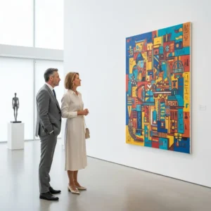 Two art collectors in a minimalist gallery viewing a large, colorful Egyptian contemporary painting featuring neo-hieroglyphic symbols and vibrant blue, red, and yellow tones. In the background, an Adam Henein style bronze sculpture is visible on a white pedestal.