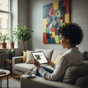 A woman using a digital tablet to estimate African art prices on the Africartmarket platform in a modern living room featuring contemporary paintings.