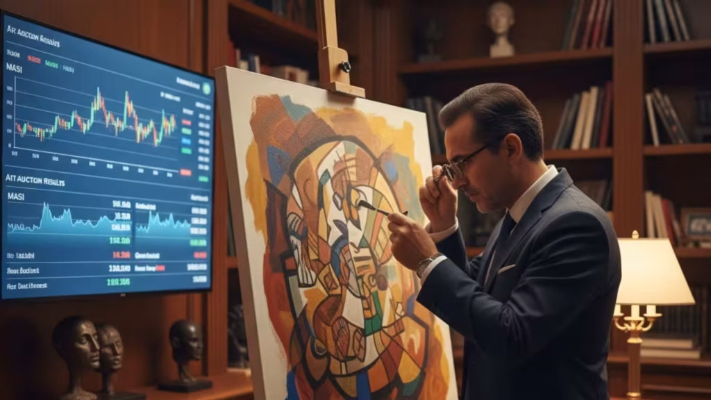 Expert d'Africartmarket analysant la cote et l'authenticité d'un tableau moderne marocain.