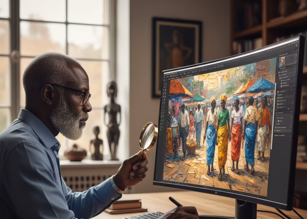 Expert Africartmarket utilisant une technologie d'analyse numérique pour l'authentification et l'estimation d'une peinture africaine.