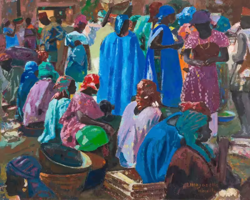 Tableau de Jacques Majorelle, Femmes au marché à Macenta, Guinée. Huile sur panneau dur montrant des figures colorées et des contrastes vifs.