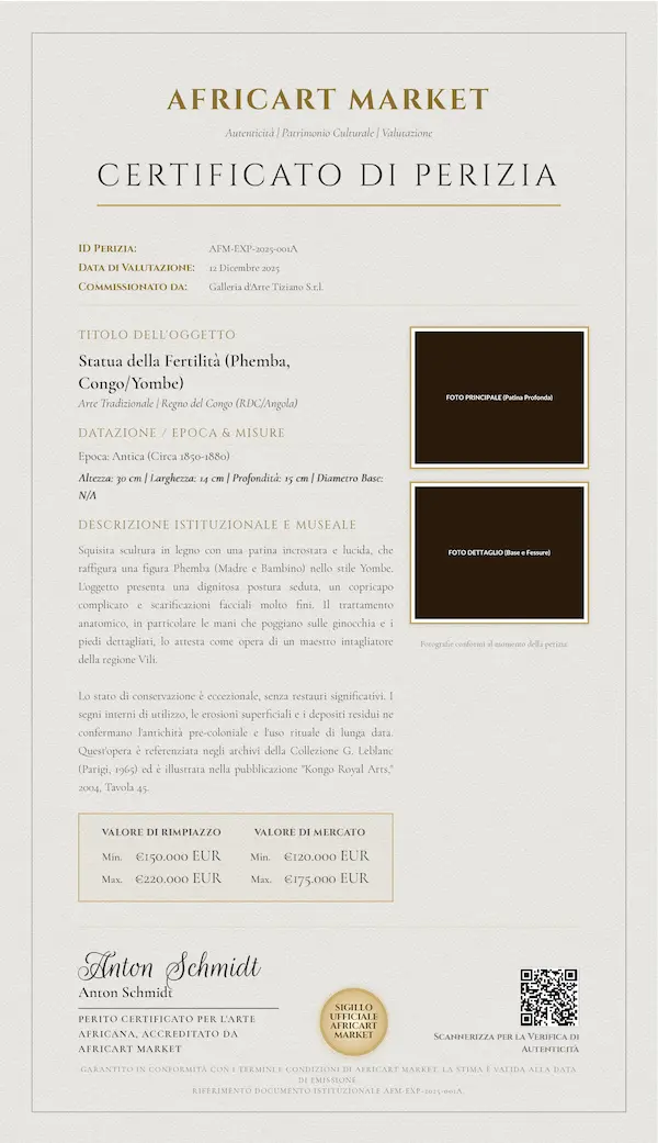 Perizia d'Arte Africana: statua phemba yombe in legno, analisi della patina e certificazione del valore di mercato.