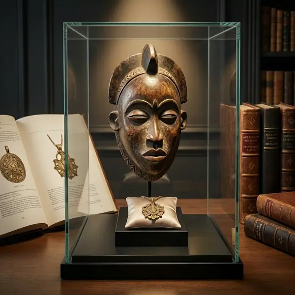 Rare African mask displayed in a museum-grade case with official authentication and value certification by AfricArtMarket.