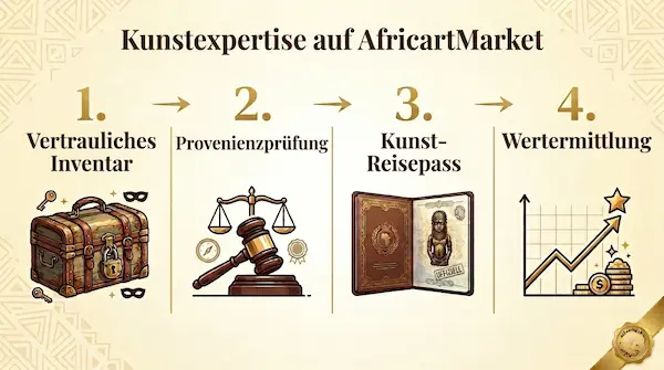 AfricartMarket Methodik 2026: Vertrauliches Inventar, Prüfung der Provenienz, Kunstpass und Wertermittlung für afrikanische Kunst.