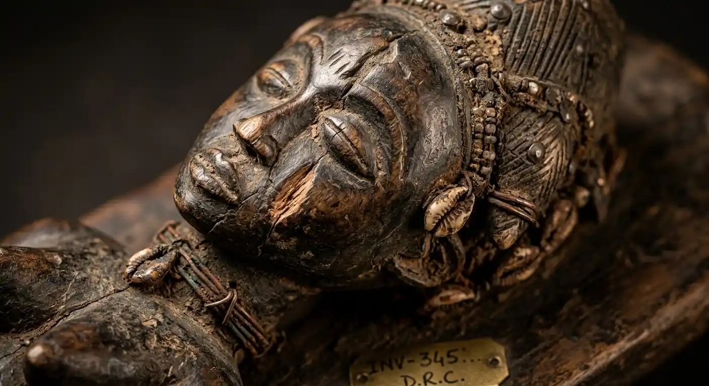 Macro close-up shot of weathered wood patina on a museum-quality African sculpture symbolizing expert authentication and due diligence.