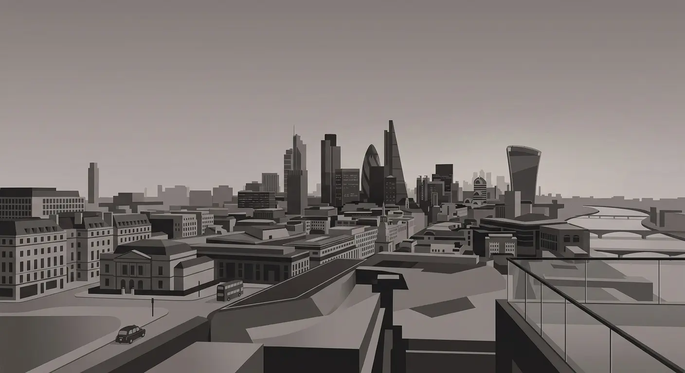Stylized architectural view of London Mayfair skyline in neutral tones for African art valuation and hub services in the UK.
